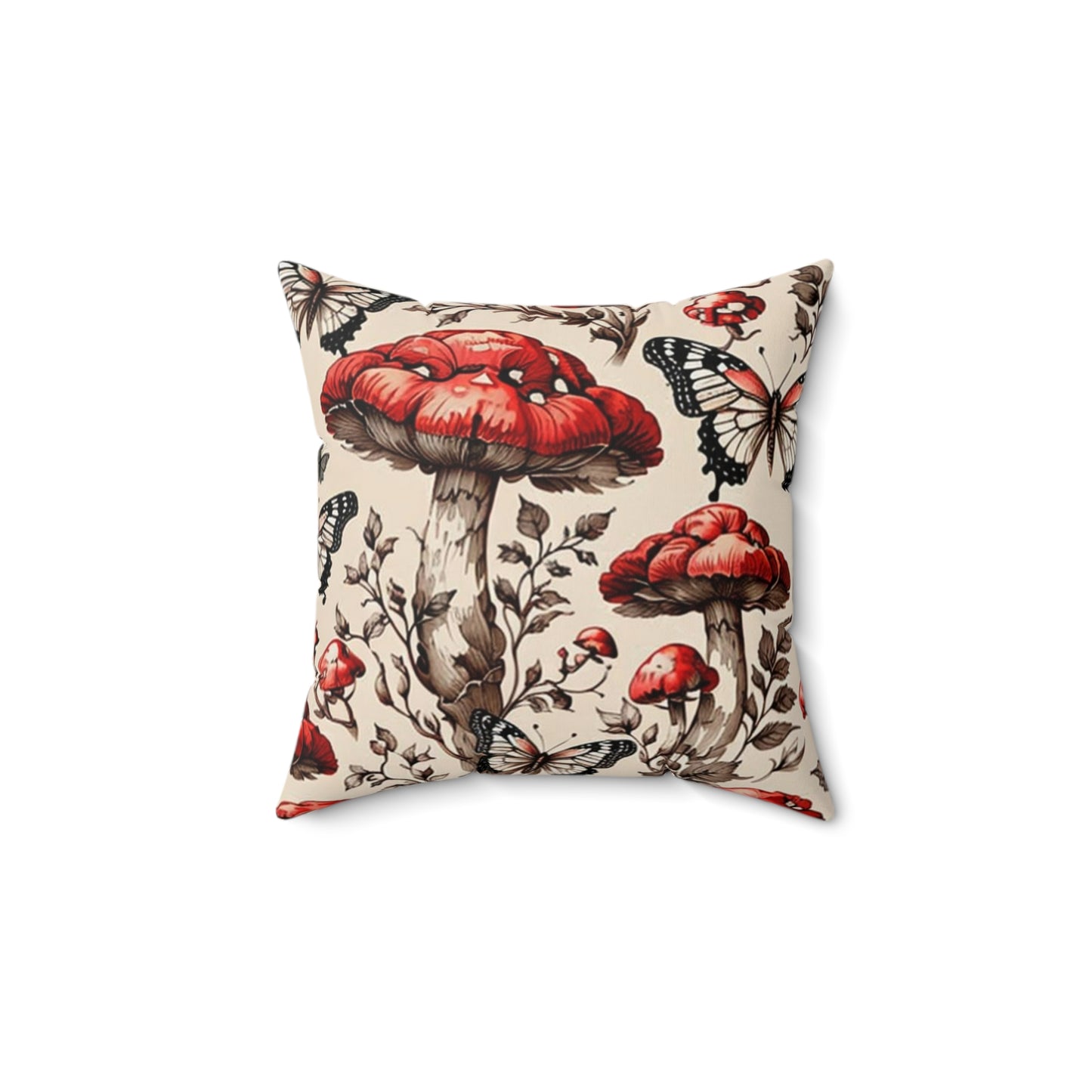 Vintage Mushroom Pillow for Home Deco, Square, Red, Butterflies, Tan, Boho Room, Living Space, Unique Design, Original Print