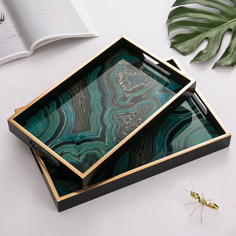 Moss Agate stone pattern glass tray for mushroom jewelry inspiration.