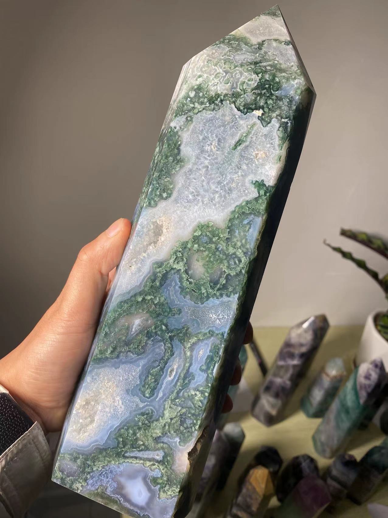 Natural Large Moss Agate Crystal Tower Ornament